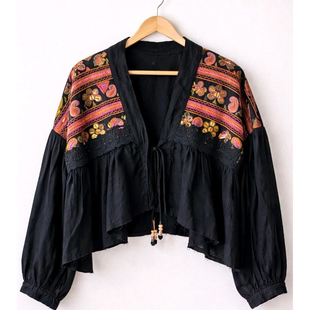 Free People Savannah Bed Jacket Boho Festival Embroidered Crop Cardigan M NWT